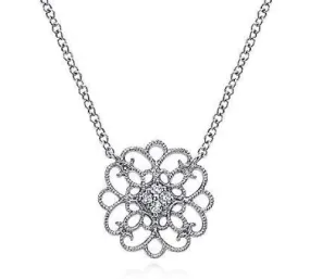 18" 925 Sterling Silver Round Fillilgree White Sapphire Pendant Necklace