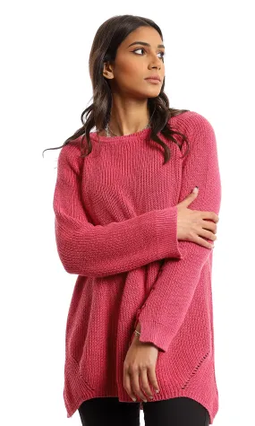 50137 Lace Full Sleeves Round Neck Knitted Pullover - Fuchsia