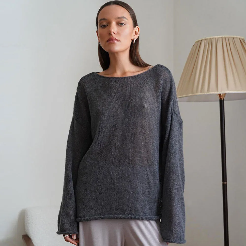 Athflow Roll Trim Crew Neck Drop Shoulder Sheer Knit Oversized Sweater