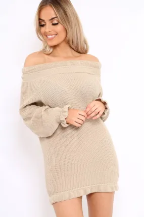 Beige Knitted Bardot Jumper Dress with Elasticated hems - Kirsty