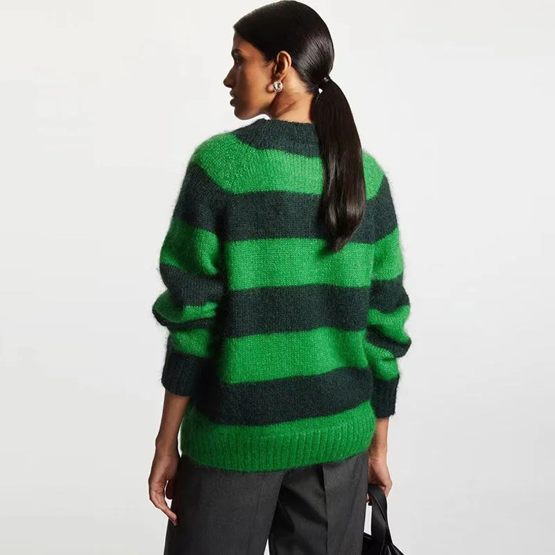 Casual Green Mohair Blend Crew Neck Tonal Striped Pullover Sweater