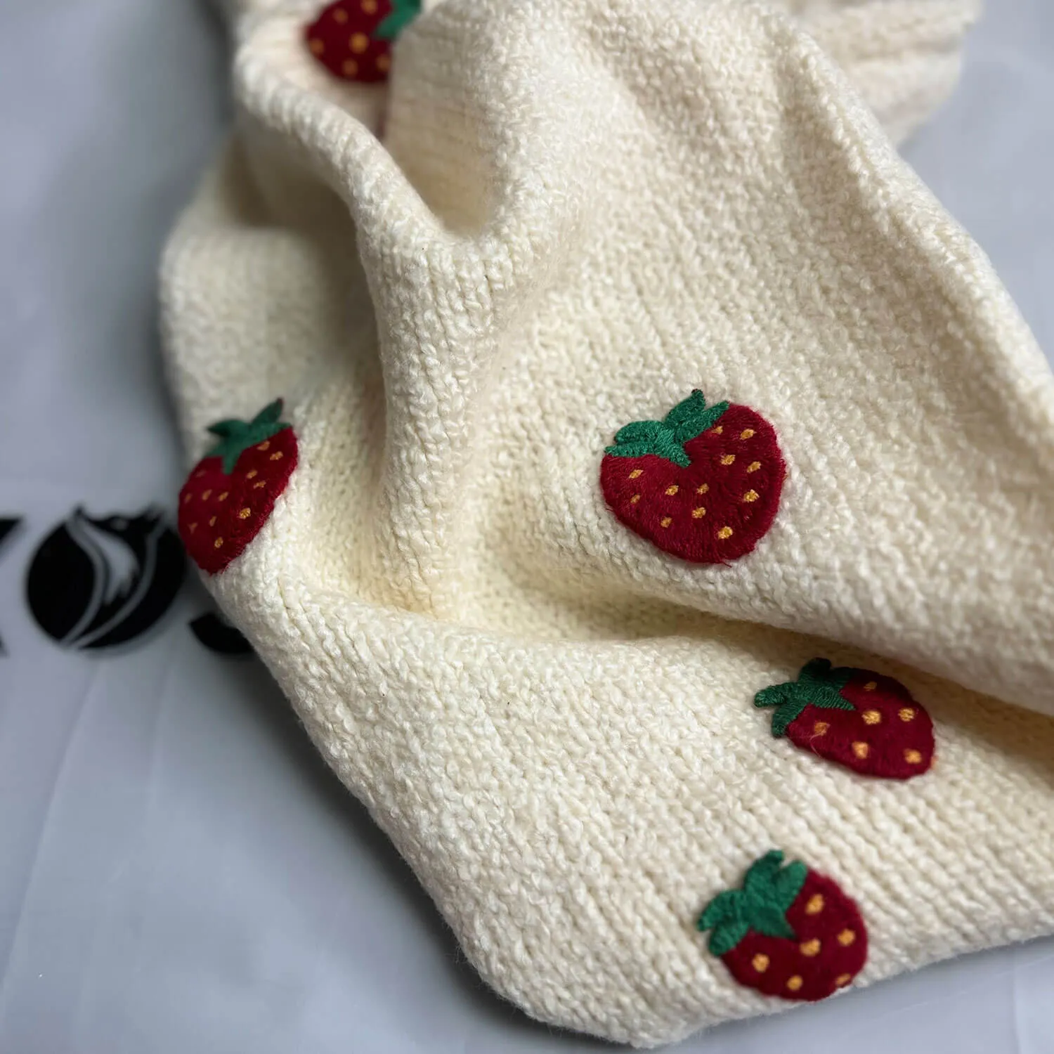 Cute Strawberry Embroidered Puff Sleeve Crew Neck White Pullover Sweater