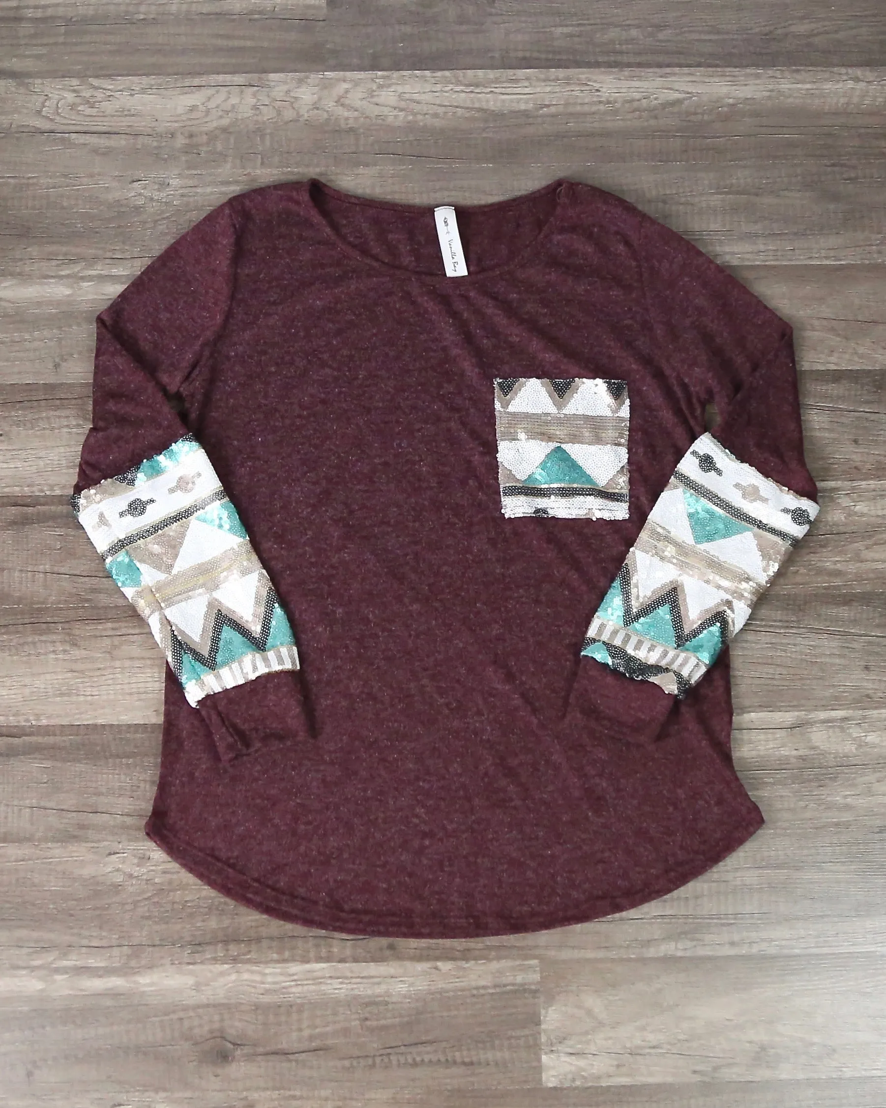 Final Sale - Chevron Aztec Sequin Sleeves & Pocket Lightweight Long Sleeve Shirt In 2 Colors