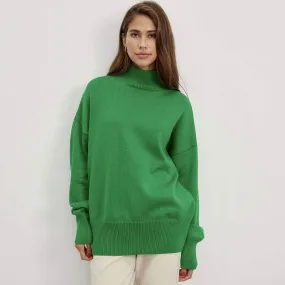 Oversized Monochrome Mock Neck Long Sleeve Drop Shoulder Pullover Knit Sweater