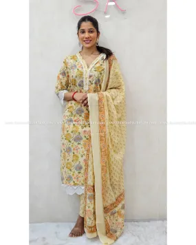 Yellow Floral Cotton Kurta Set